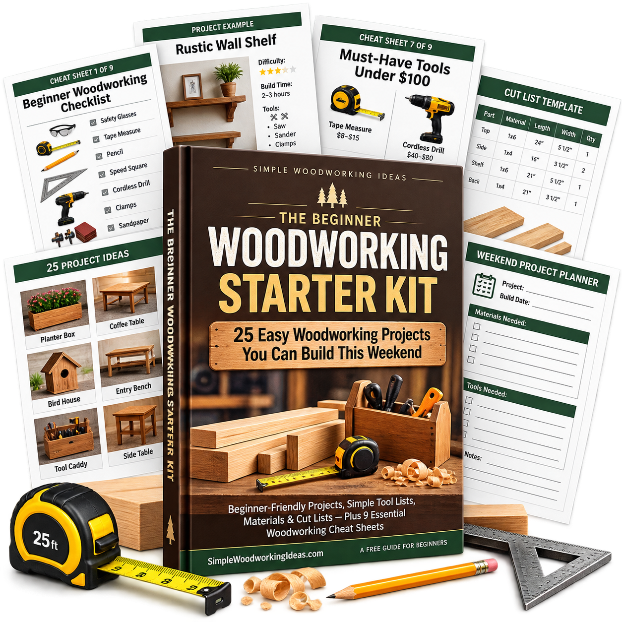 Free Beginner Woodworking Starter Kit with 25 easy woodworking projects